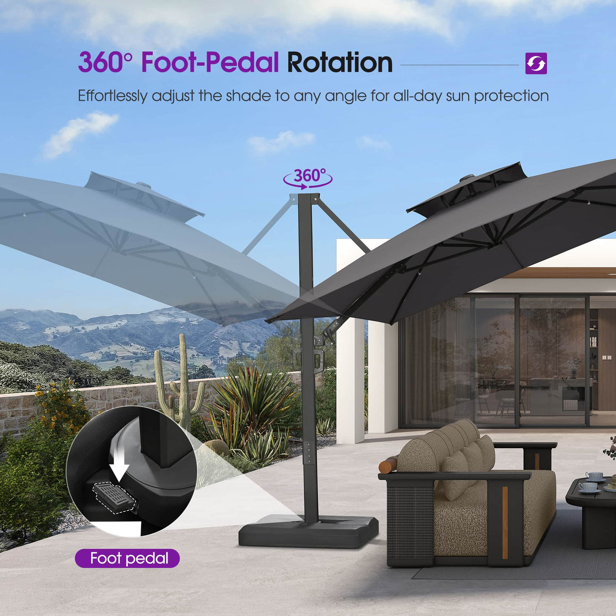PURPLE LEAF – Parasol de terrasse déporté avec structure métallique Charcoal et toile ventilée pour cour et jardin