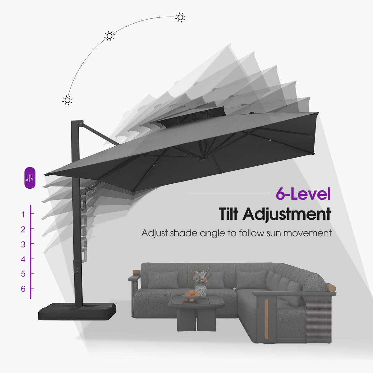 PURPLE LEAF – Parasol de terrasse déporté avec structure métallique Charcoal et toile ventilée pour cour et jardin