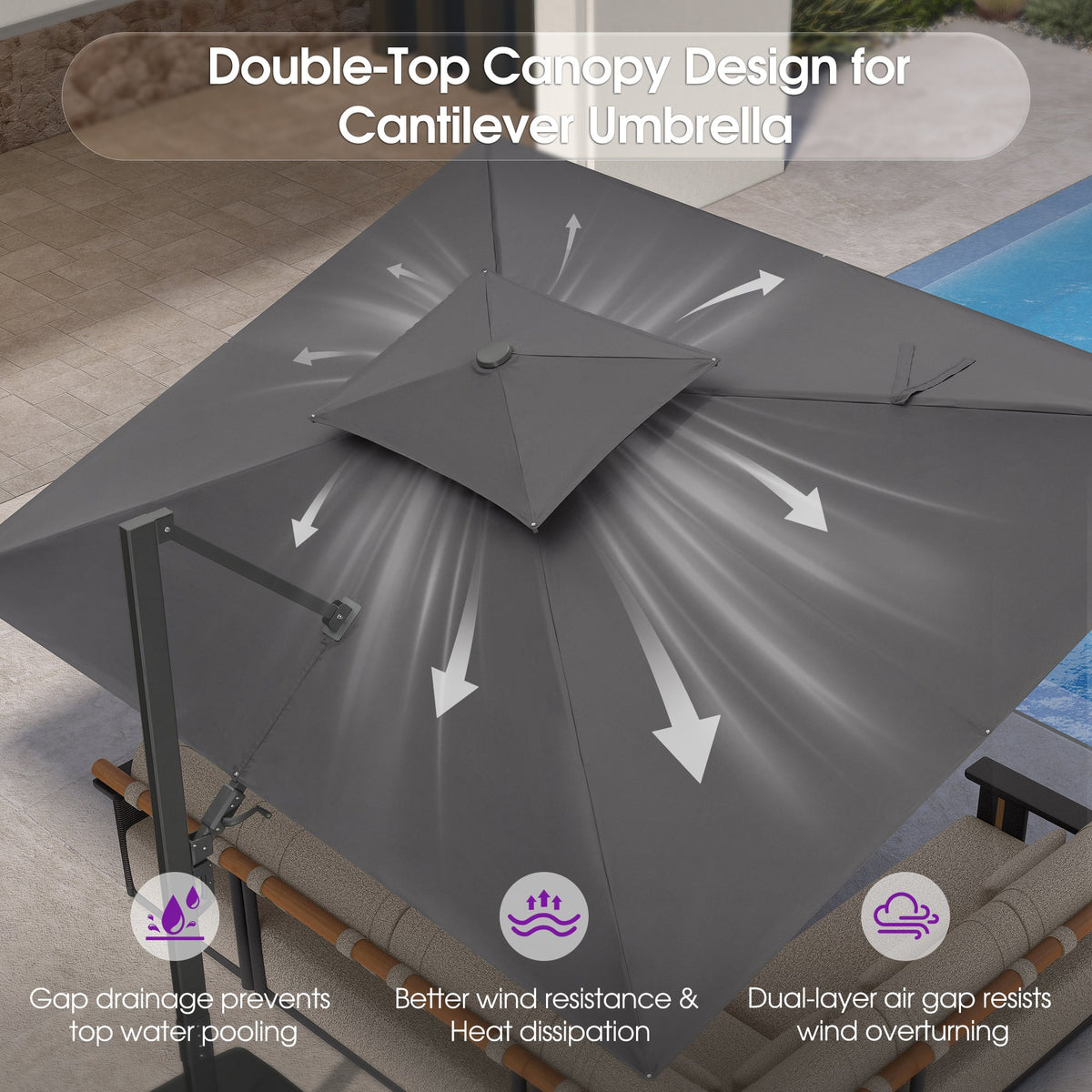 PURPLE LEAF – Parasol de terrasse déporté avec structure métallique Charcoal et toile ventilée pour cour et jardin