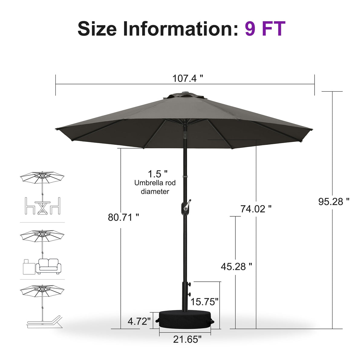 PURPLE LEAF Black Frame Outdoor Market Umbrellas Yard Tilting Patio Table Umbrella with Base