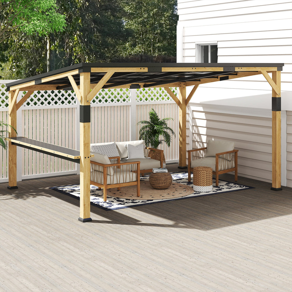 PerArbor 10' x 14' Wooden Lean-to Gazebo with Galvanized Steel Sloped Roof and Bar Shelf