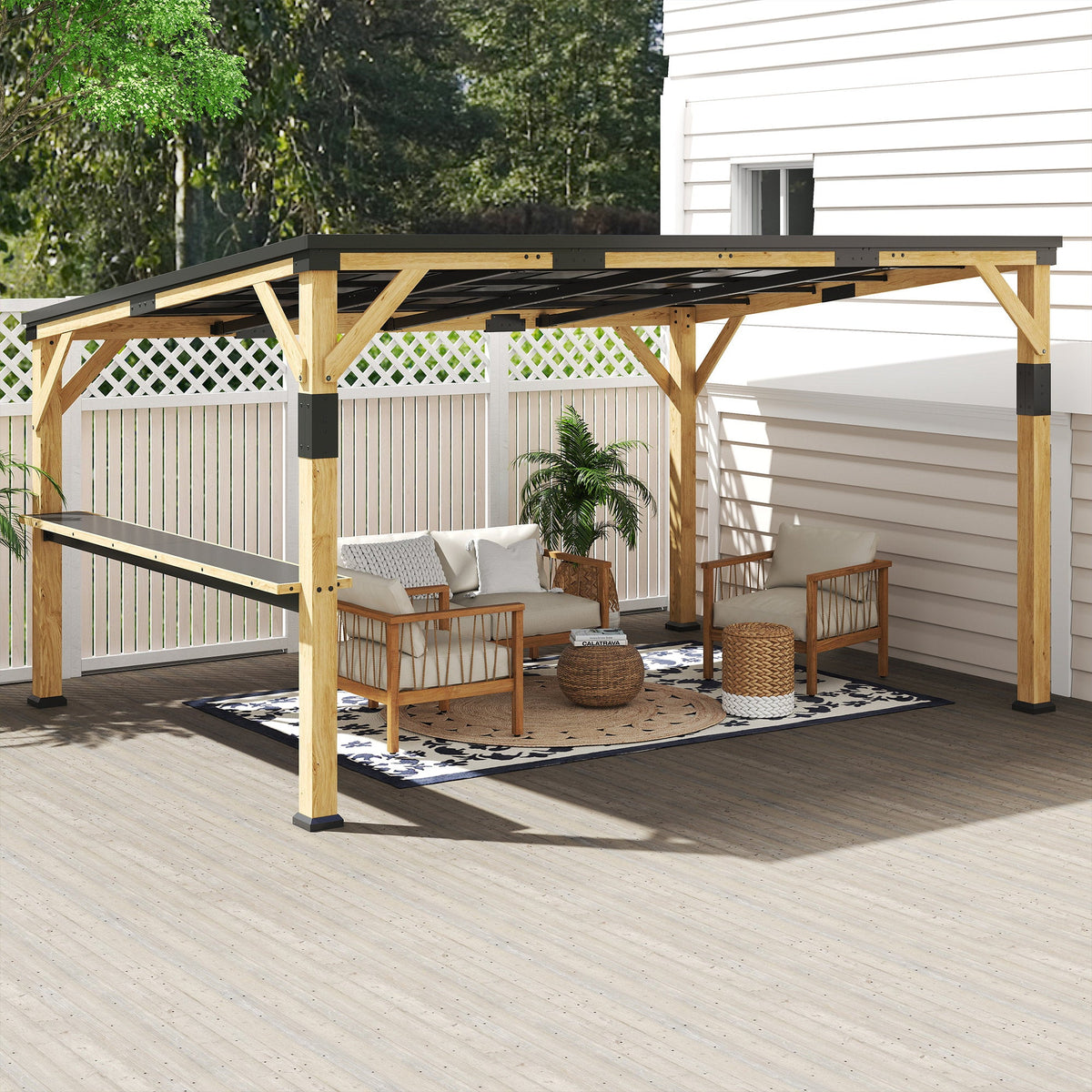 PerArbor 10' x 14' Wooden Lean-to Gazebo with Galvanized Steel Sloped Roof and Bar Shelf