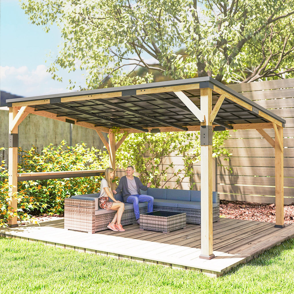 PerArbor 10' x 14' Wooden Lean-to Gazebo with Galvanized Steel Sloped Roof and Bar Shelf