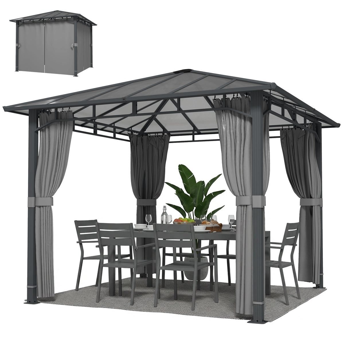 3 x 3 m Hardtop Gazebo with Polycarbonate Roof and Curtains, Tan