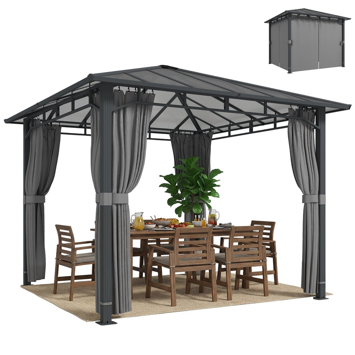 3 x 3 m Hardtop Gazebo with Polycarbonate Roof and Curtains, Tan