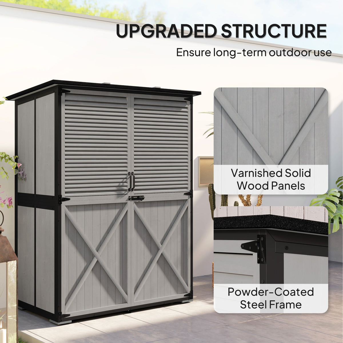 Wood Outdoor Storage Cabinet with Lock and Shelves, Gray