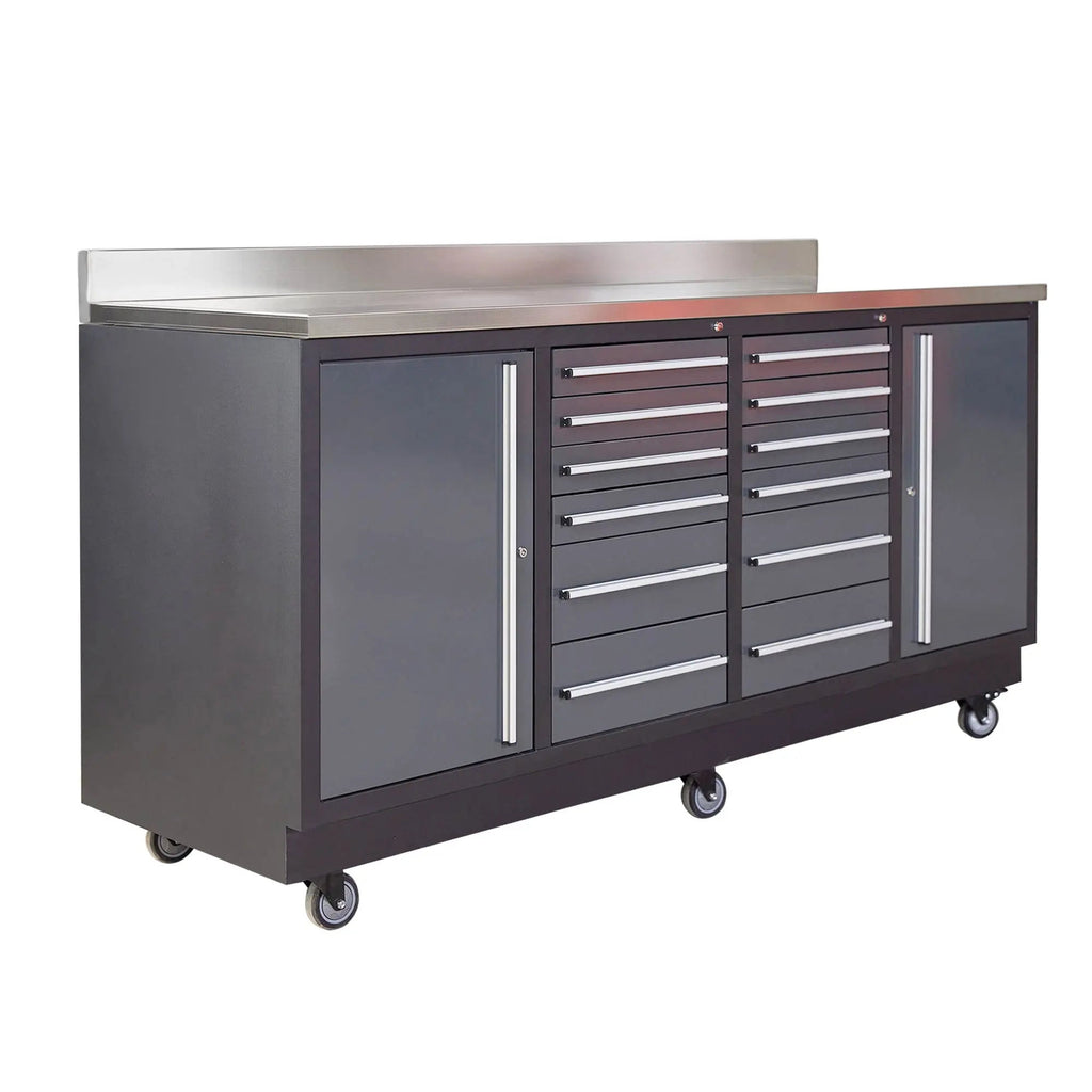 TMG Heavy Series™ 7-Ft 12-Drawer Workbench with Stainless Steel Top, Ball Bearing Double Slides & Casters TMG-WB712