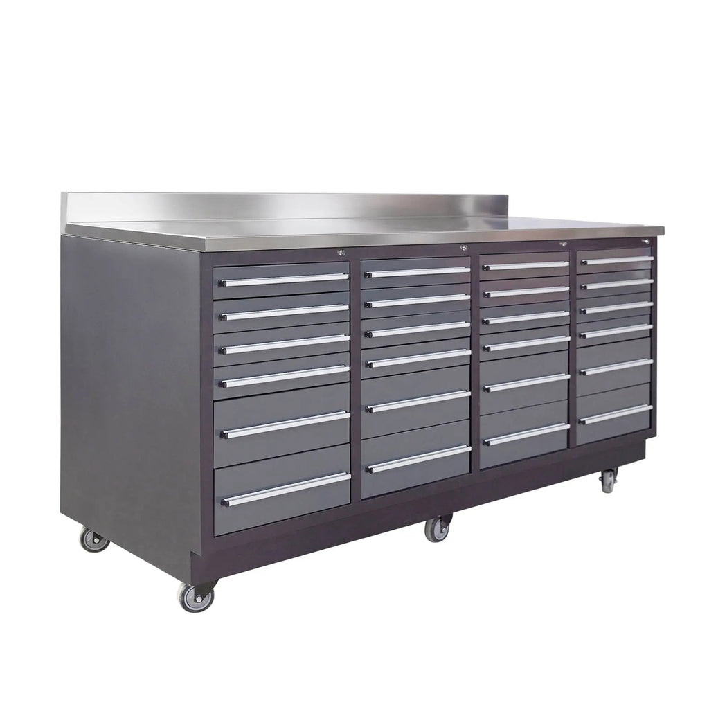 TMG Heavy Series™ 7-Ft 24-Drawer Workbench with Stainless Steel Top, Ball Bearing Double Slides & Casters TMG-WB724