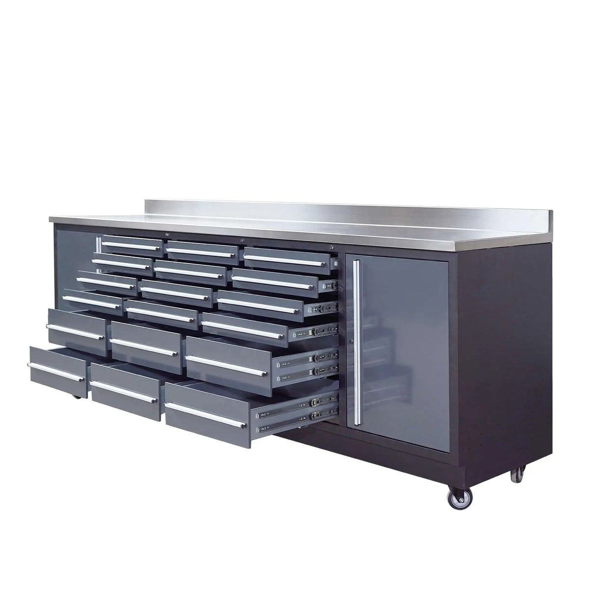 TMG Heavy Series™ 9-Ft 18-Drawer Workbench with Stainless Steel Top, Ball Bearing Double Slides & Casters, TMG-WB918