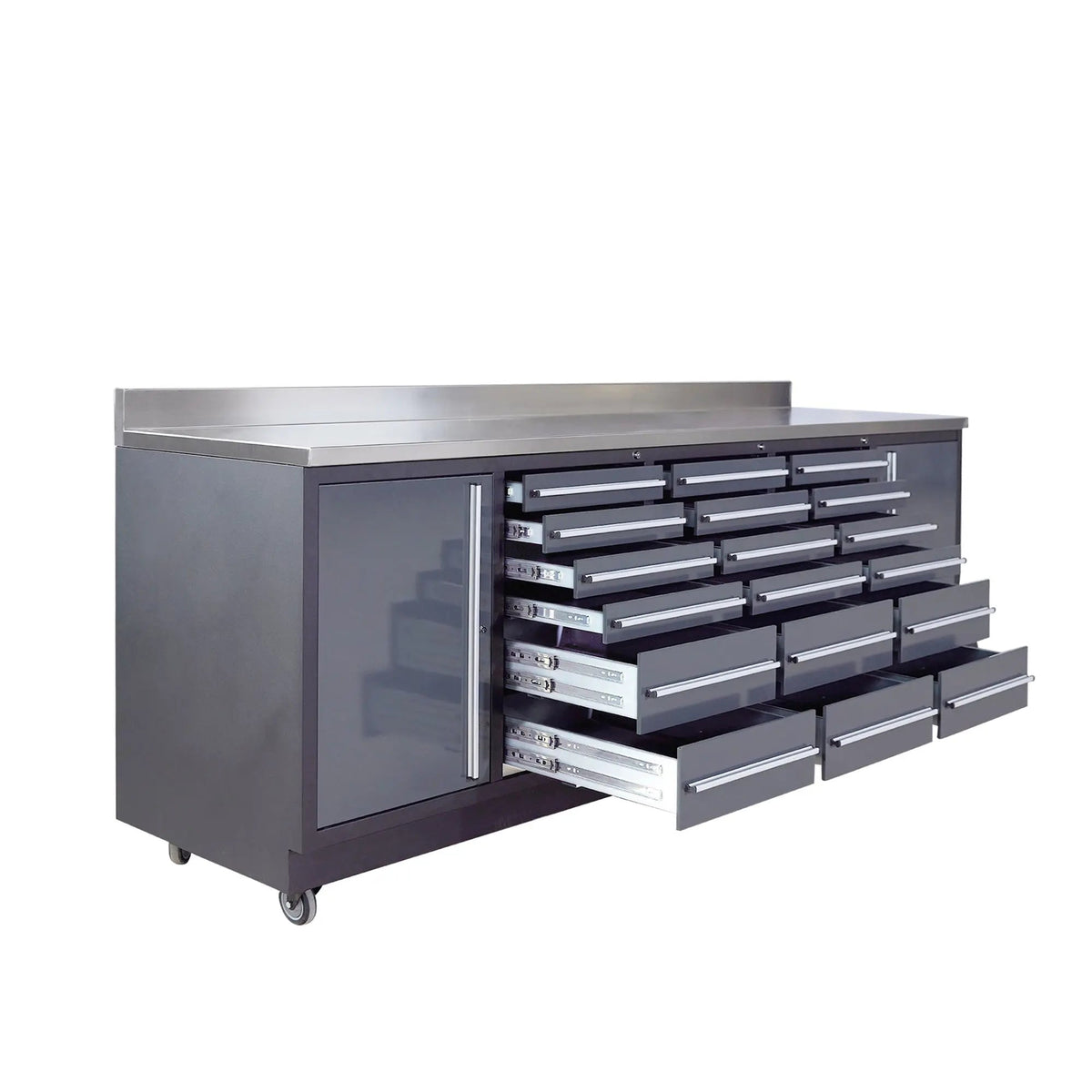 TMG Heavy Series™ 9-Ft 18-Drawer Workbench with Stainless Steel Top, Ball Bearing Double Slides & Casters, TMG-WB918