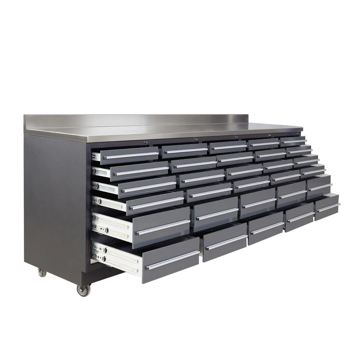 TMG Heavy Series™ 9-Ft 30-Drawer Workbench with Stainless Steel Top, Ball Bearing Double Slides & Casters, TMG-WB930