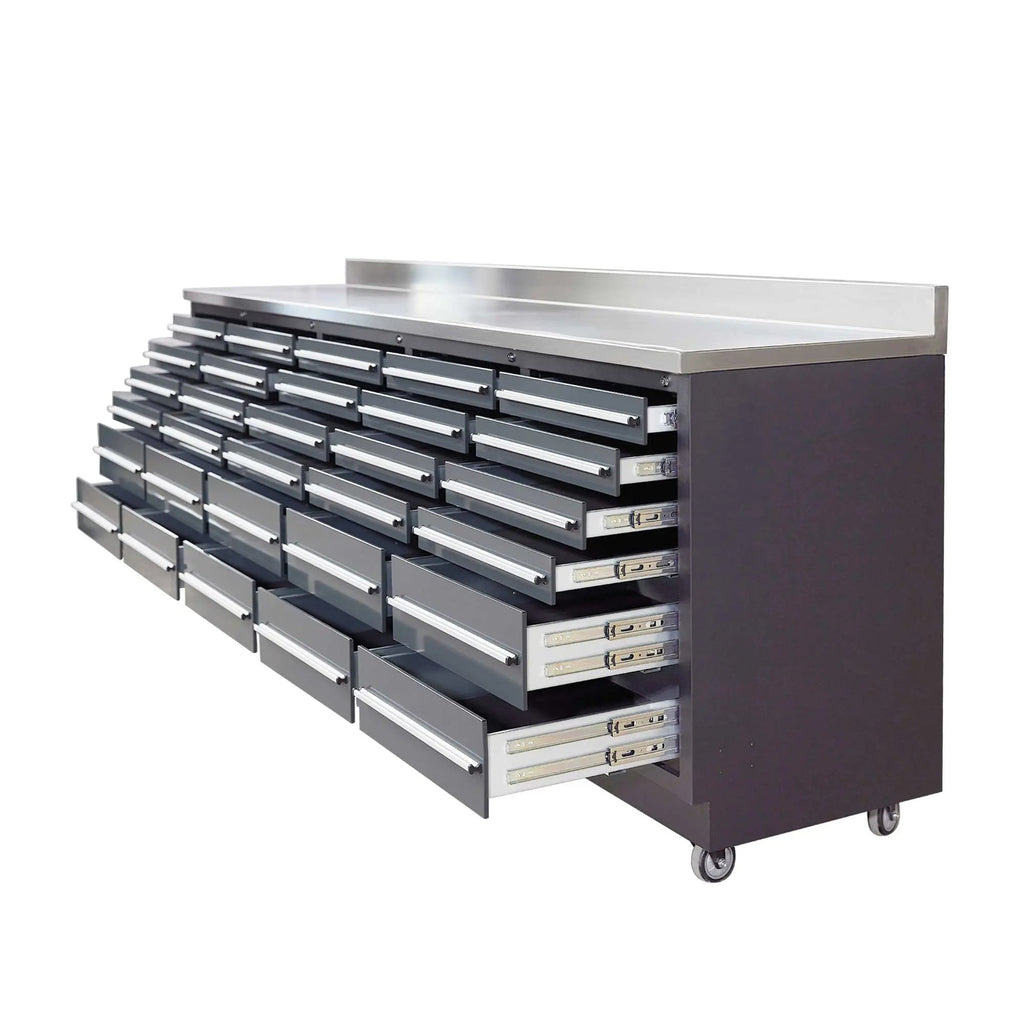 TMG Heavy Series™ 9-Ft 30-Drawer Workbench with Stainless Steel Top, Ball Bearing Double Slides & Casters, TMG-WB930