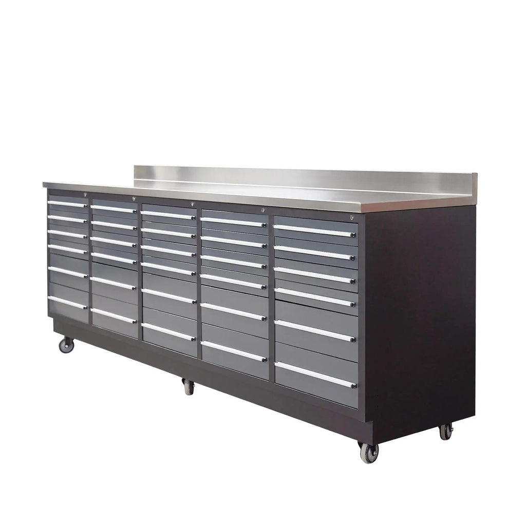 TMG Heavy Series™ 9-Ft 30-Drawer Workbench with Stainless Steel Top, Ball Bearing Double Slides & Casters, TMG-WB930