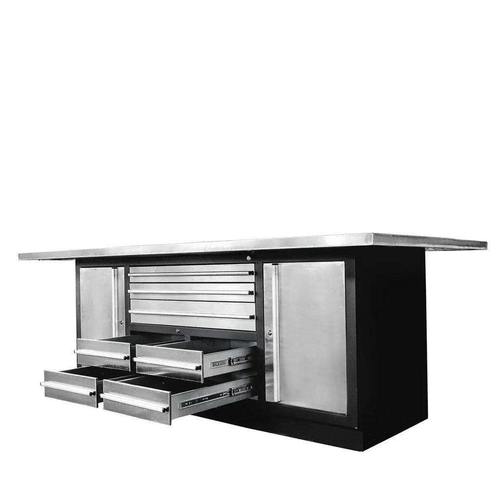 TMG Heavy Series™ Stainless-Steel Extra-Large 85" x 45" Platform Workbench, 7 Lockable Drawers, 2 Storage Cabinets, All-in-One Welded Frame, TMG-WB708S (Previously TMG-WB85XS)
