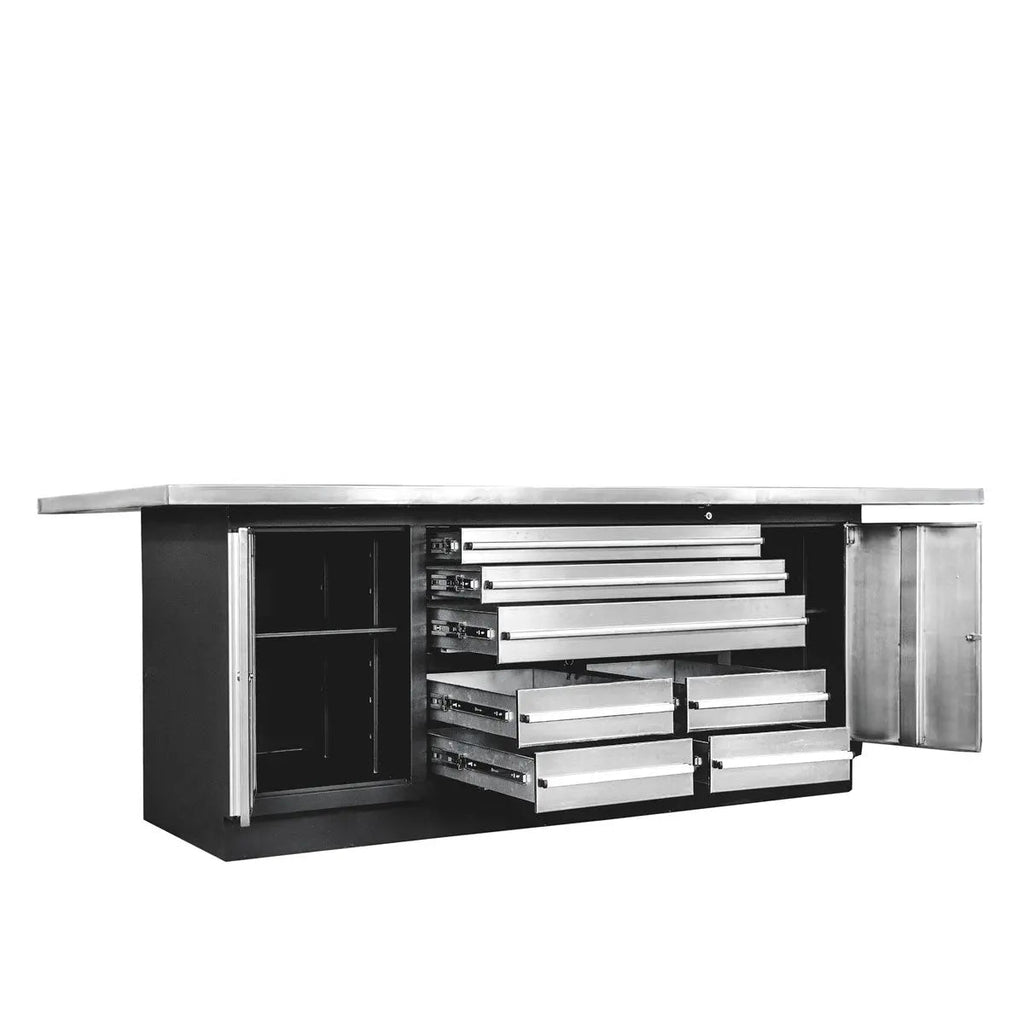 TMG Heavy Series™ Stainless-Steel Extra-Large 85" x 45" Platform Workbench, 7 Lockable Drawers, 2 Storage Cabinets, All-in-One Welded Frame, TMG-WB708S (Previously TMG-WB85XS)