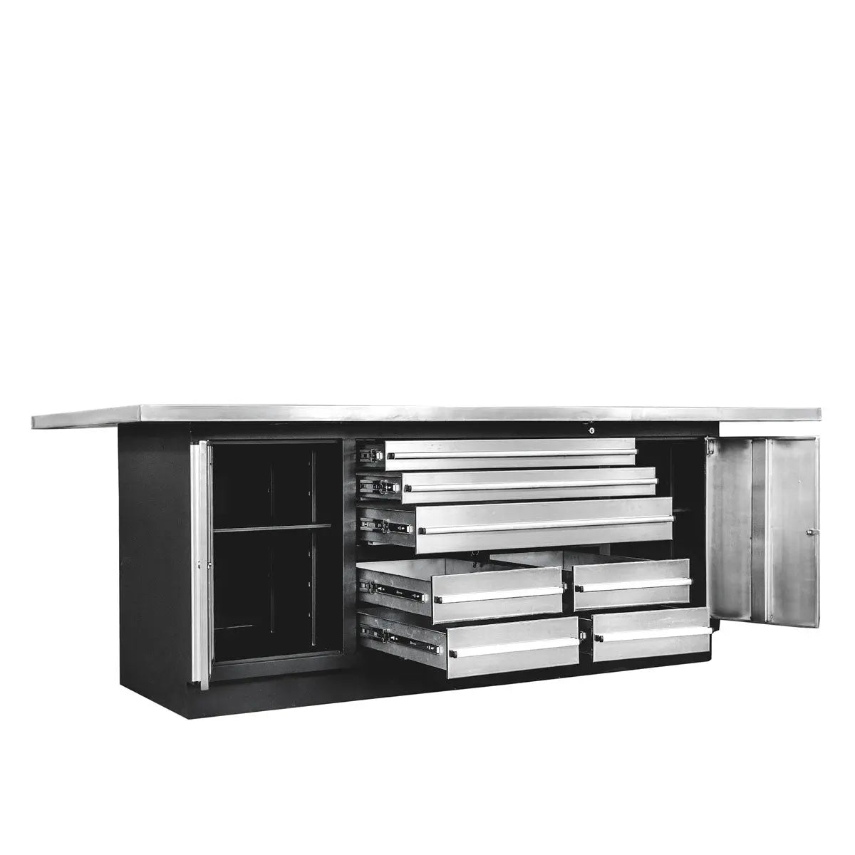 TMG Heavy Series™ Stainless-Steel Extra-Large 85" x 45" Platform Workbench, 7 Lockable Drawers, 2 Storage Cabinets, All-in-One Welded Frame, TMG-WB708S (Previously TMG-WB85XS)