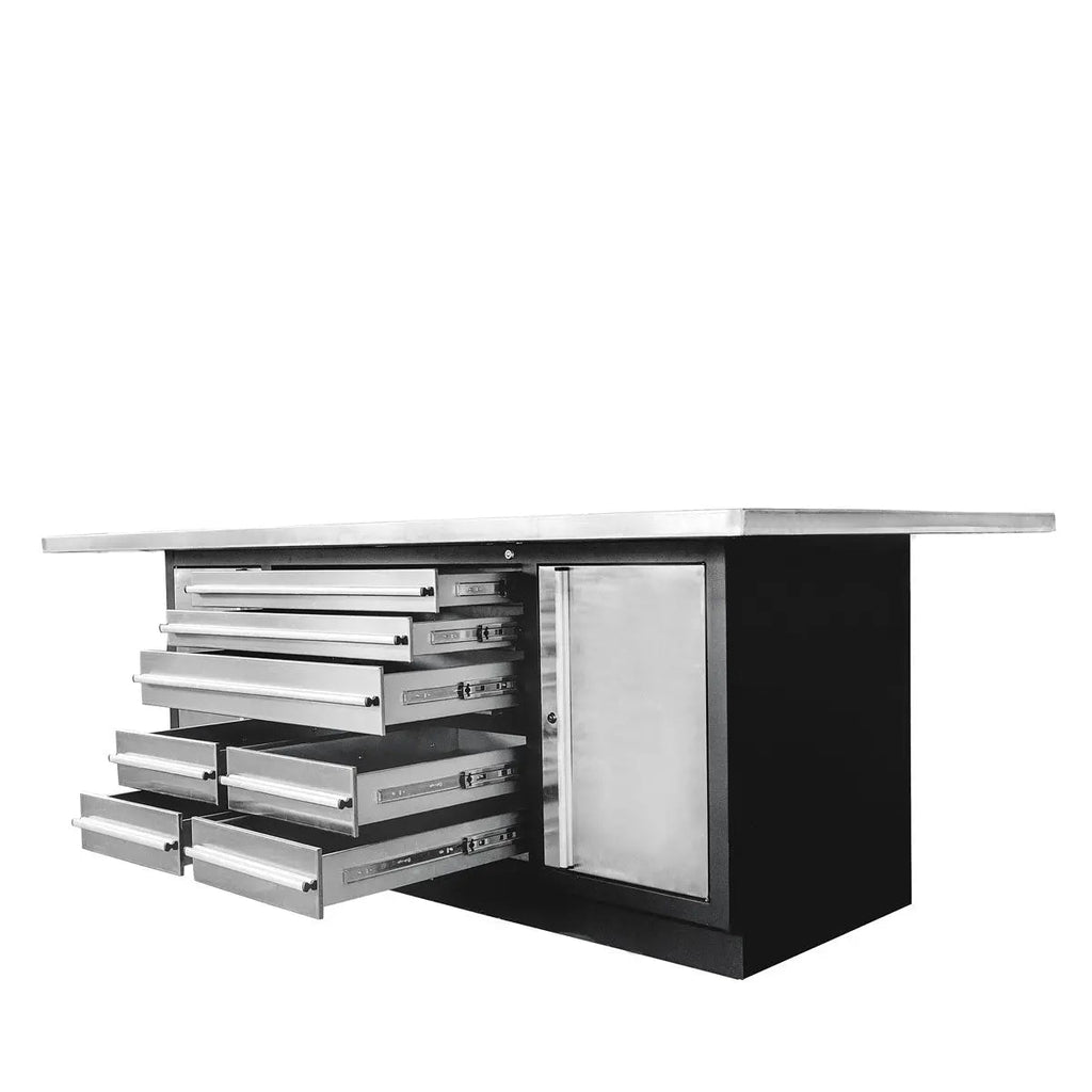TMG Heavy Series™ Stainless-Steel Extra-Large 85" x 45" Platform Workbench, 7 Lockable Drawers, 2 Storage Cabinets, All-in-One Welded Frame, TMG-WB708S (Previously TMG-WB85XS)
