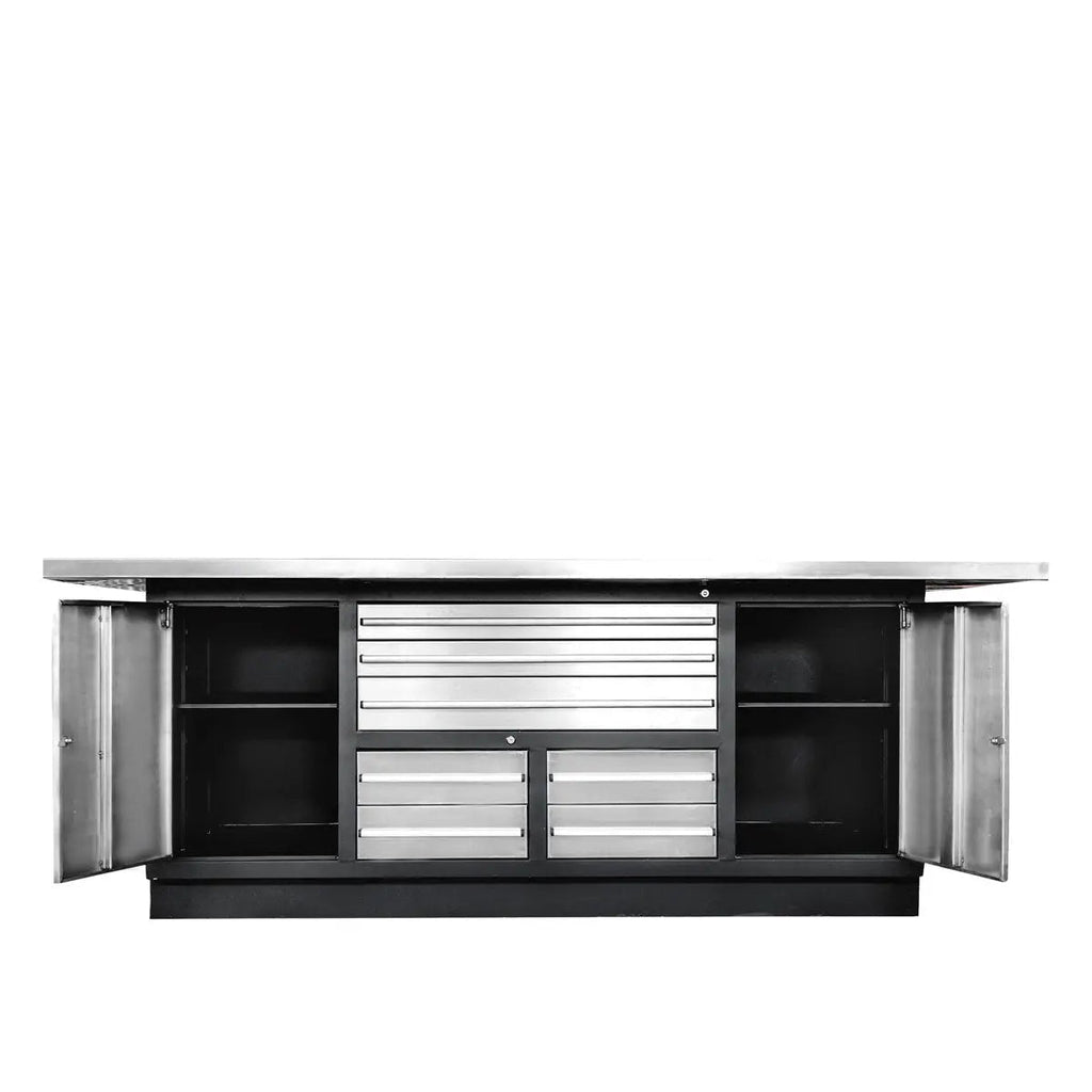 TMG Heavy Series™ Stainless-Steel Extra-Large 85" x 45" Platform Workbench, 7 Lockable Drawers, 2 Storage Cabinets, All-in-One Welded Frame, TMG-WB708S (Previously TMG-WB85XS)