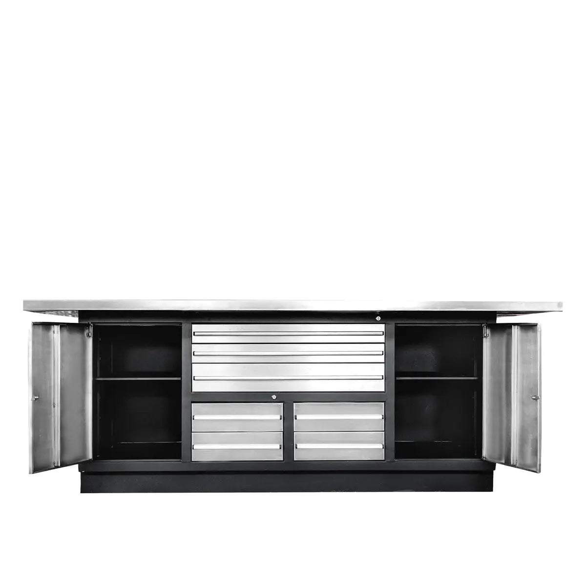 TMG Heavy Series™ Stainless-Steel Extra-Large 85" x 45" Platform Workbench, 7 Lockable Drawers, 2 Storage Cabinets, All-in-One Welded Frame, TMG-WB708S (Previously TMG-WB85XS)