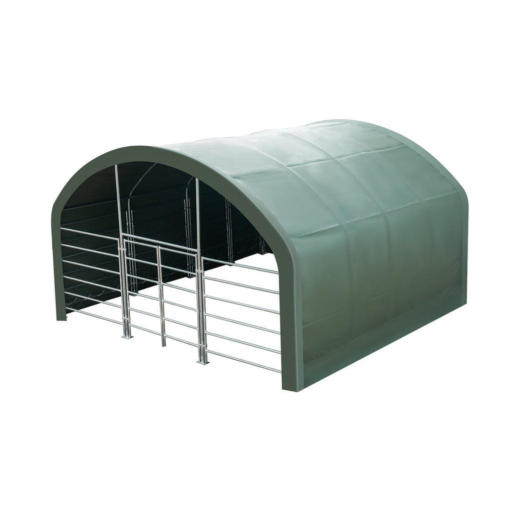 TMG Heavy Series™ 20' x 20' Livestock Corral Shelter, 12' Dome Roof, 17 oz Military Green PVC Covering, 6-Bar Corral Panels, 5' Front Swing Gate, TMG-ST2022L