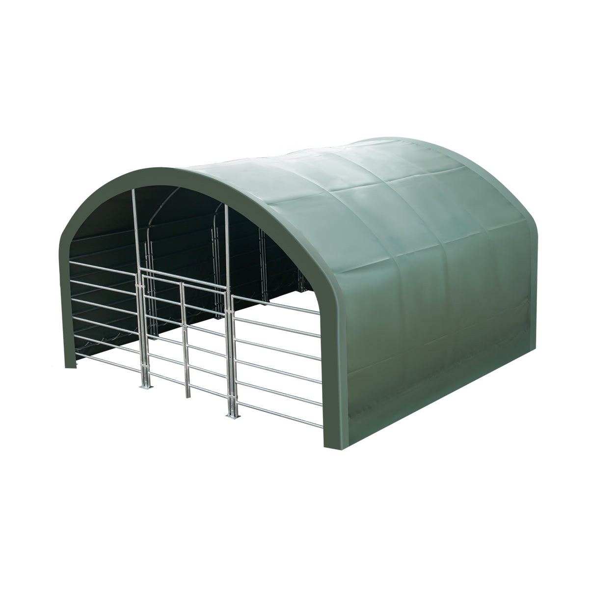 TMG Heavy Series™ 20' x 20' Livestock Corral Shelter, 12' Dome Roof, 17 oz Military Green PVC Covering, 6-Bar Corral Panels, 5' Front Swing Gate, TMG-ST2022L