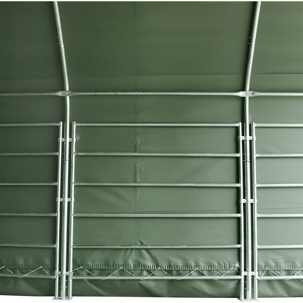 TMG Heavy Series™ 20' x 20' Livestock Corral Shelter, 12' Dome Roof, 17 oz Military Green PVC Covering, 6-Bar Corral Panels, 5' Front Swing Gate, TMG-ST2022L