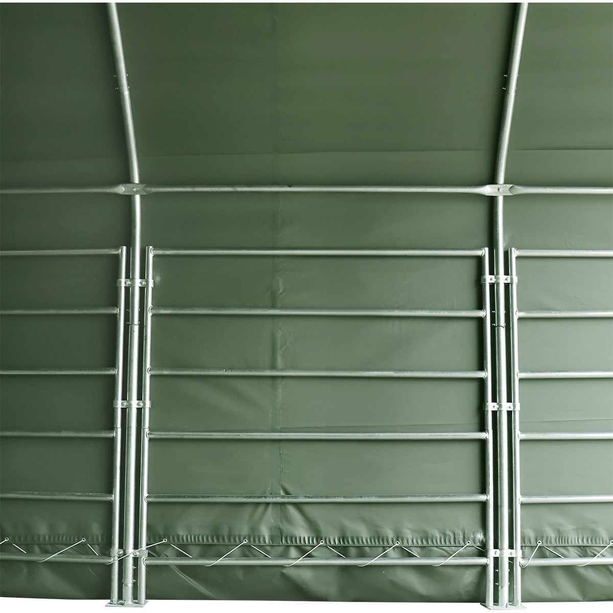 TMG Heavy Series™ 20' x 20' Livestock Corral Shelter, 12' Dome Roof, 17 oz Military Green PVC Covering, 6-Bar Corral Panels, 5' Front Swing Gate, TMG-ST2022L