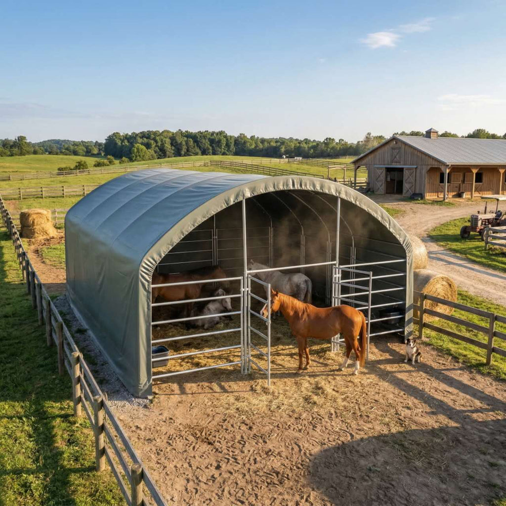TMG Heavy Series™ 20' x 20' Livestock Corral Shelter, 12' Dome Roof, 17 oz Military Green PVC Covering, 6-Bar Corral Panels, 5' Front Swing Gate, TMG-ST2022L