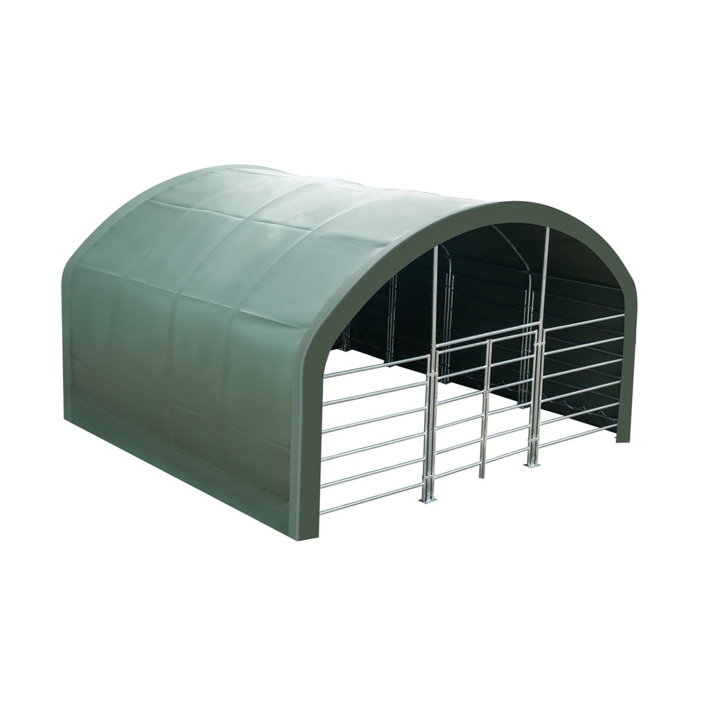 TMG Heavy Series™ 20' x 20' Livestock Corral Shelter, 12' Dome Roof, 17 oz Military Green PVC Covering, 6-Bar Corral Panels, 5' Front Swing Gate, TMG-ST2022L