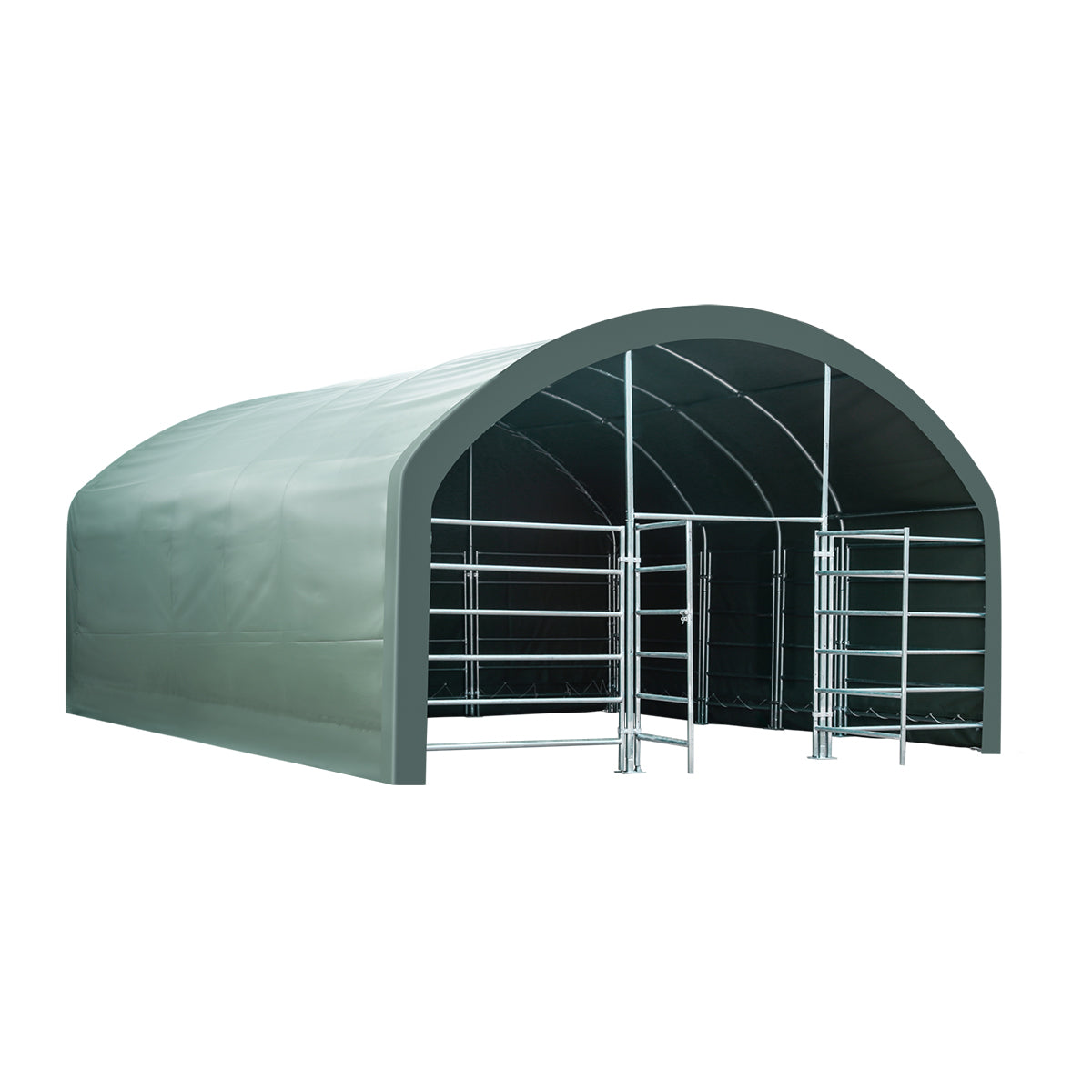 TMG Heavy Series™ 20' x 20' Livestock Corral Shelter, 12' Dome Roof, 17 oz Military Green PVC Covering, 6-Bar Corral Panels, 5' Front Swing Gate, TMG-ST2022L
