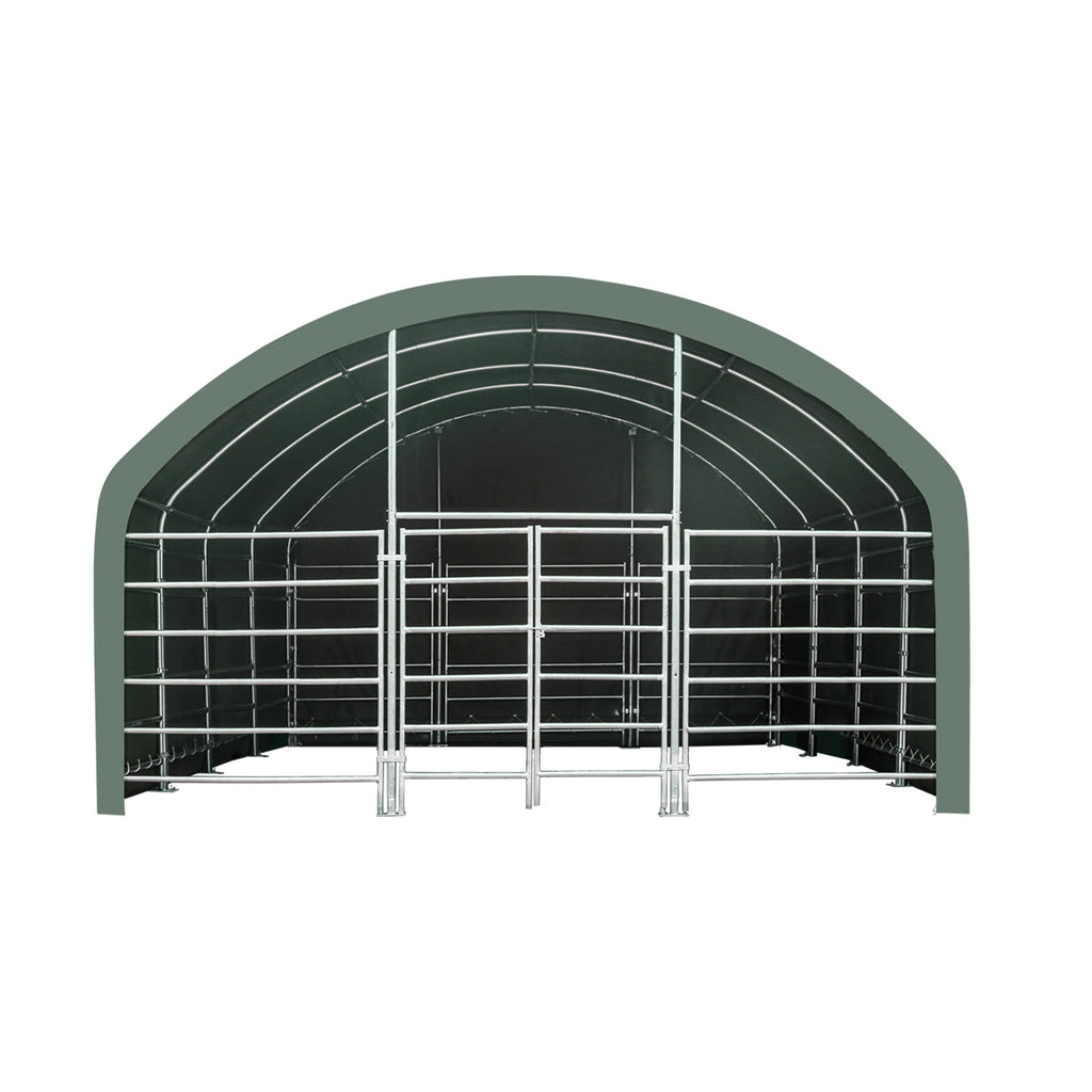 TMG Heavy Series™ 20' x 20' Livestock Corral Shelter, 12' Dome Roof, 17 oz Military Green PVC Covering, 6-Bar Corral Panels, 5' Front Swing Gate, TMG-ST2022L
