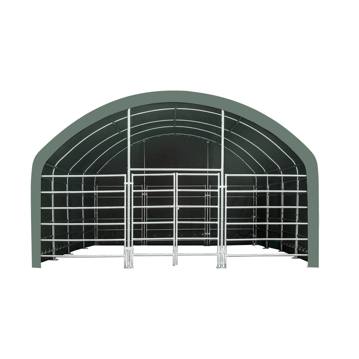 TMG Heavy Series™ 20' x 20' Livestock Corral Shelter, 12' Dome Roof, 17 oz Military Green PVC Covering, 6-Bar Corral Panels, 5' Front Swing Gate, TMG-ST2022L