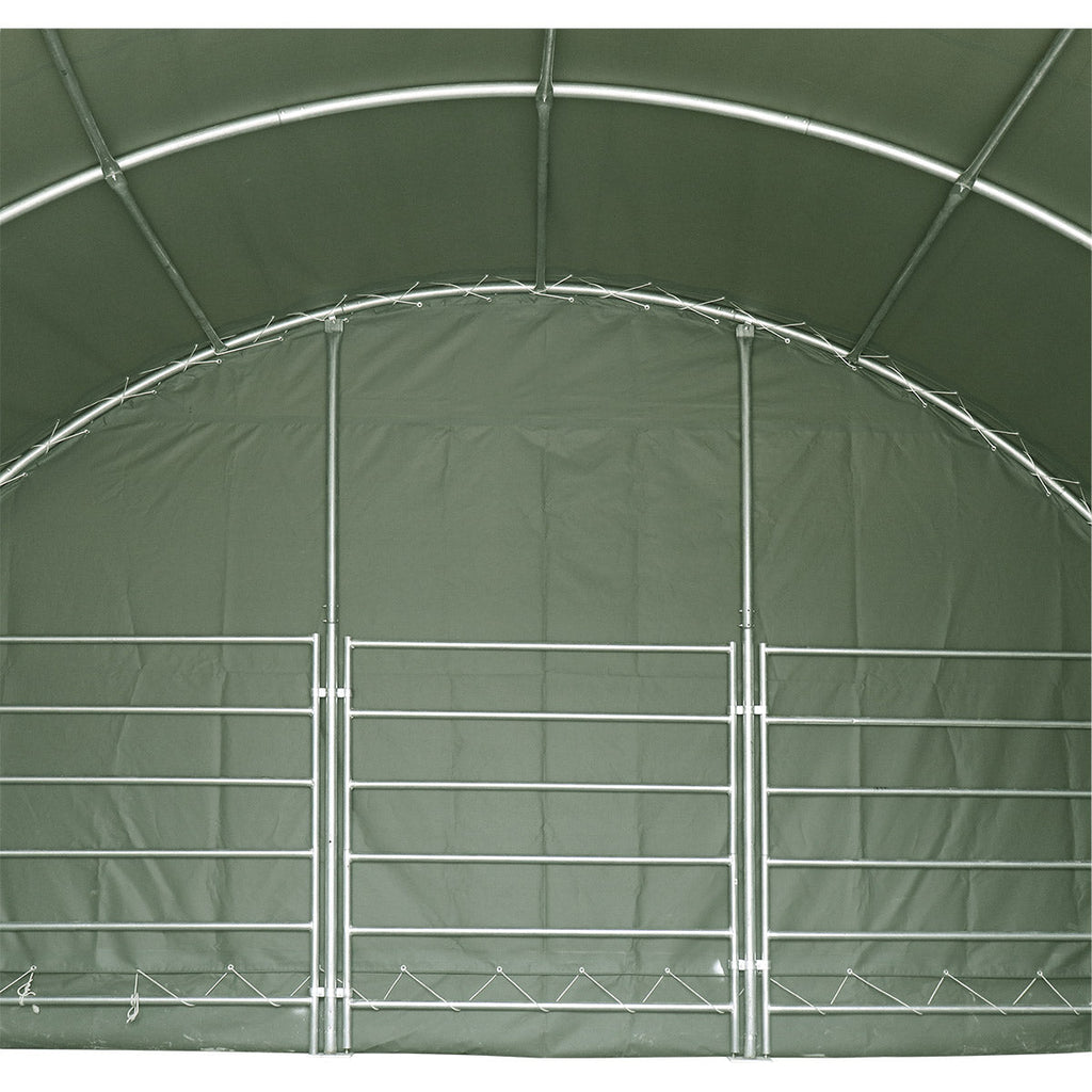 TMG Heavy Series™ 20' x 20' Livestock Corral Shelter, 12' Dome Roof, 17 oz Military Green PVC Covering, 6-Bar Corral Panels, 5' Front Swing Gate, TMG-ST2022L