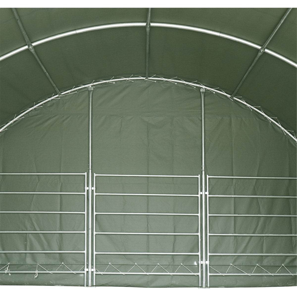 TMG Heavy Series™ 20' x 20' Livestock Corral Shelter, 12' Dome Roof, 17 oz Military Green PVC Covering, 6-Bar Corral Panels, 5' Front Swing Gate, TMG-ST2022L