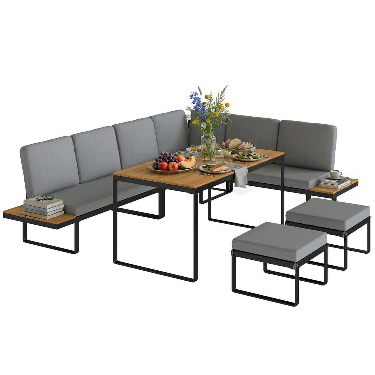 FlexNook 6-Piece Corner Sofa Set for 6-8, Aluminium Frame with Cushions, Grey