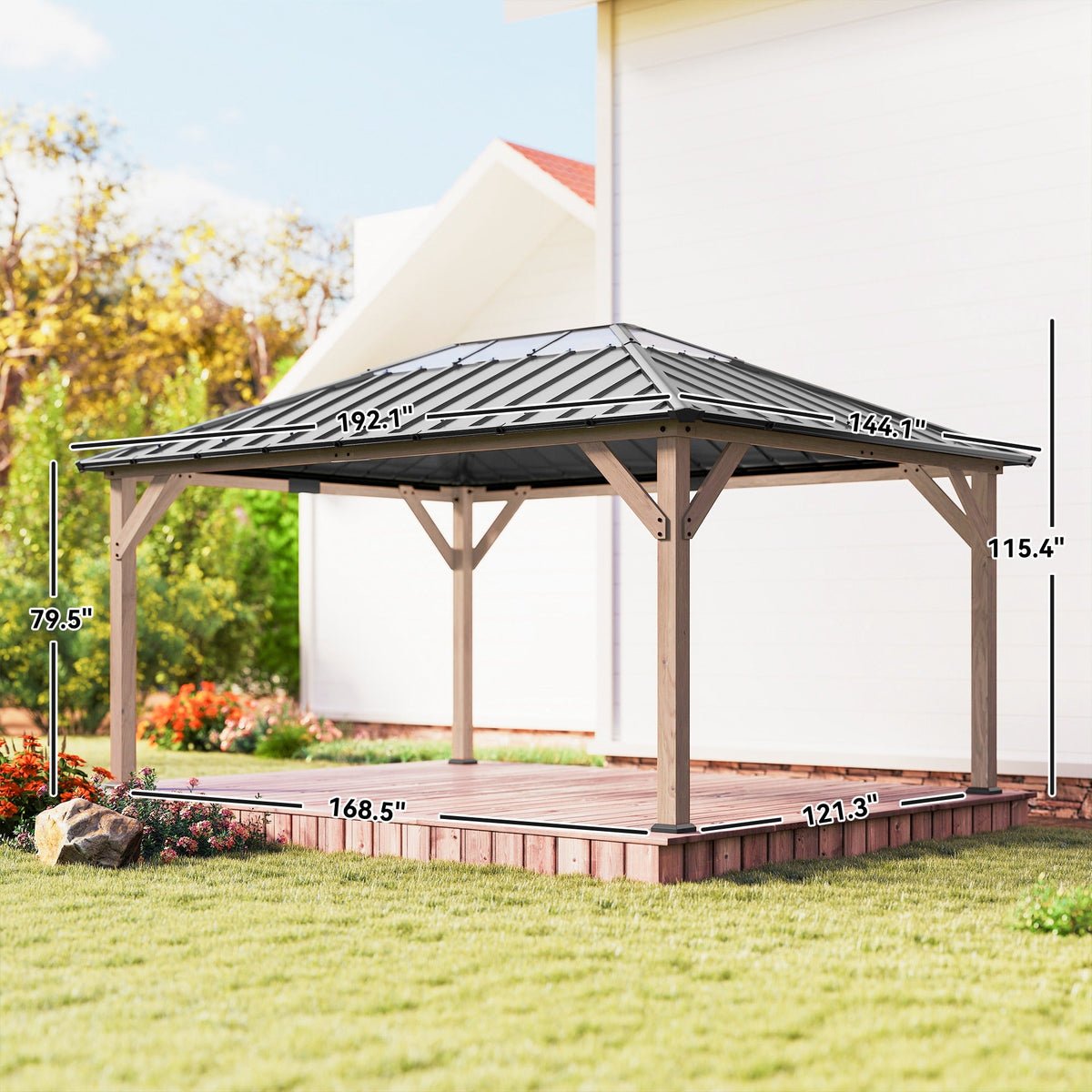 12' x 16' Wood Hardtop Gazebo with Clear Roof, Light Walnut