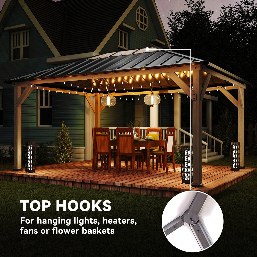 12' x 16' Wood Hardtop Gazebo with Clear Roof, Light Walnut