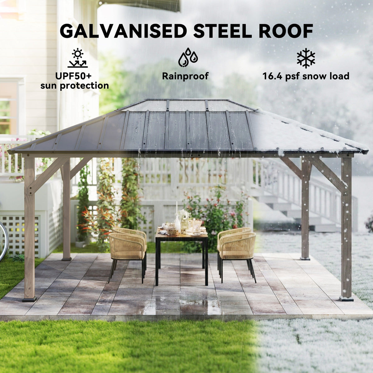 12' x 16' Wood Hardtop Gazebo with Clear Roof, Light Walnut