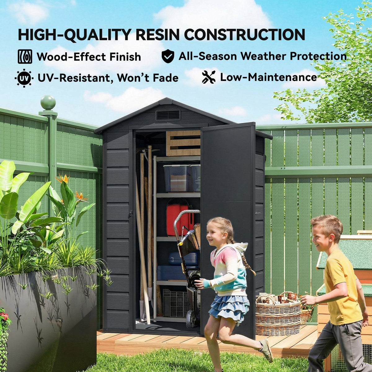 4' x 3' Plastic Garden Shed with Floor, Window and Vent, Dark Grey