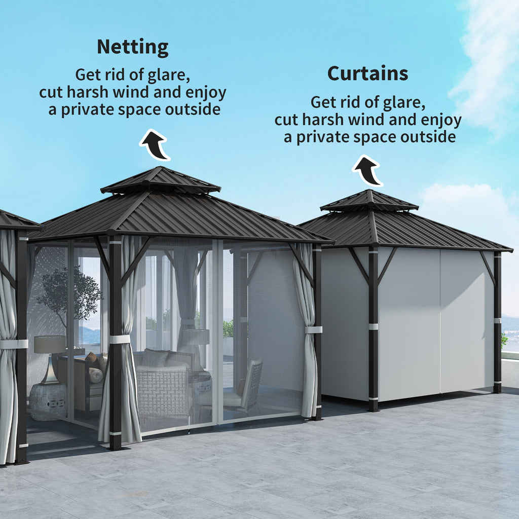 3 x 3 m Hardtop Gazebo with Double Metal Roof, Netting & Curtains, Grey