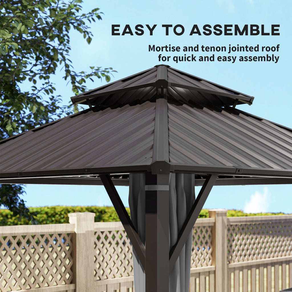 3 x 3 m Hardtop Gazebo with Double Metal Roof, Netting & Curtains, Grey