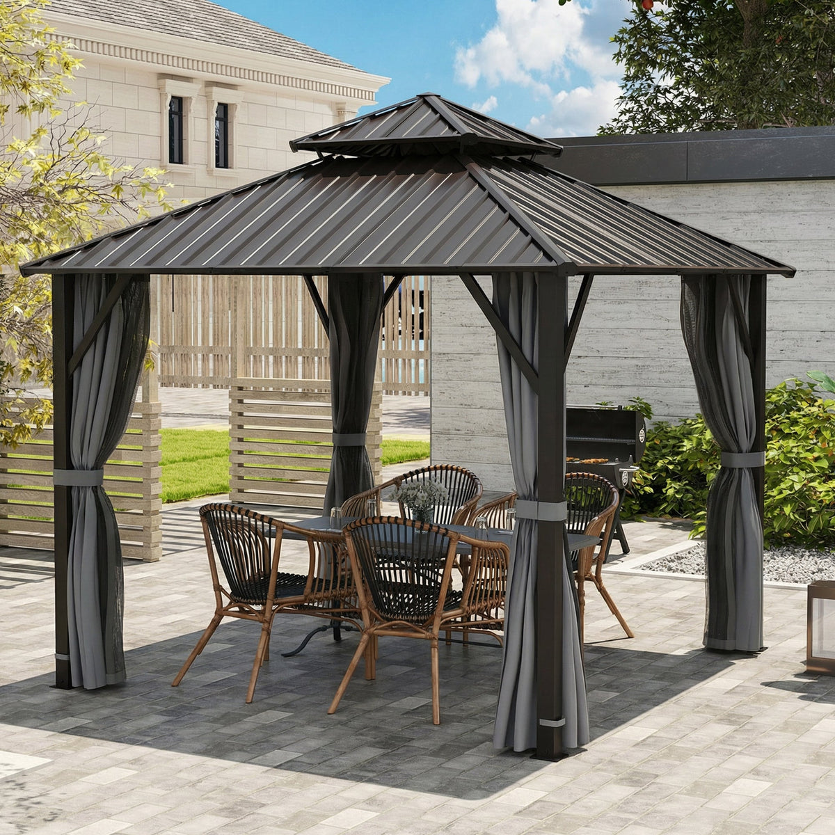 3 x 3 m Hardtop Gazebo with Double Metal Roof, Netting & Curtains, Grey