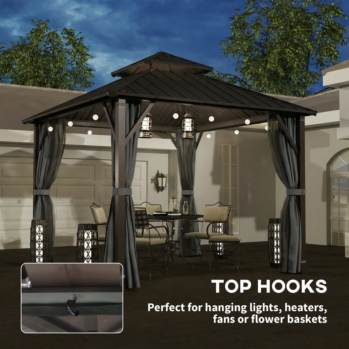 3 x 3 m Hardtop Gazebo with Double Metal Roof, Netting & Curtains, Grey