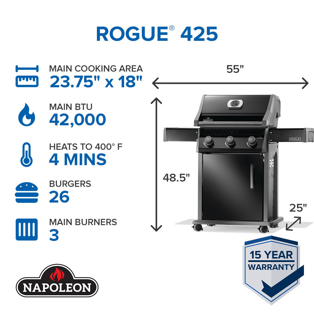Napoleon Rogue 425 – Barbecue à gaz noir 3 brûleurs avec grilles en acier inoxydable