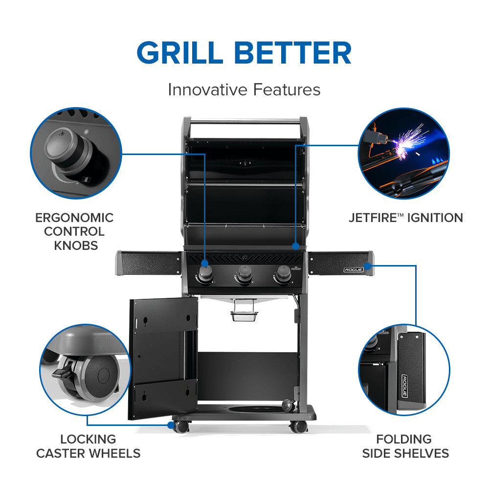 Napoleon Rogue 425 – Barbecue à gaz noir 3 brûleurs avec grilles en acier inoxydable