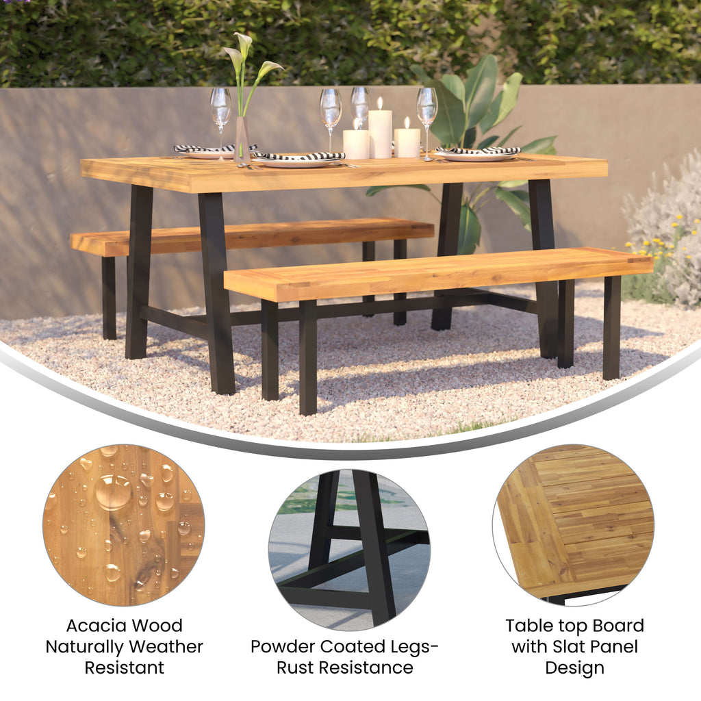 Rafe Commercial Grade Acacia Wood Dining Table with Metal Base, Indoor/Outdoor Rectangle Patio Table with Plank Style Table Top