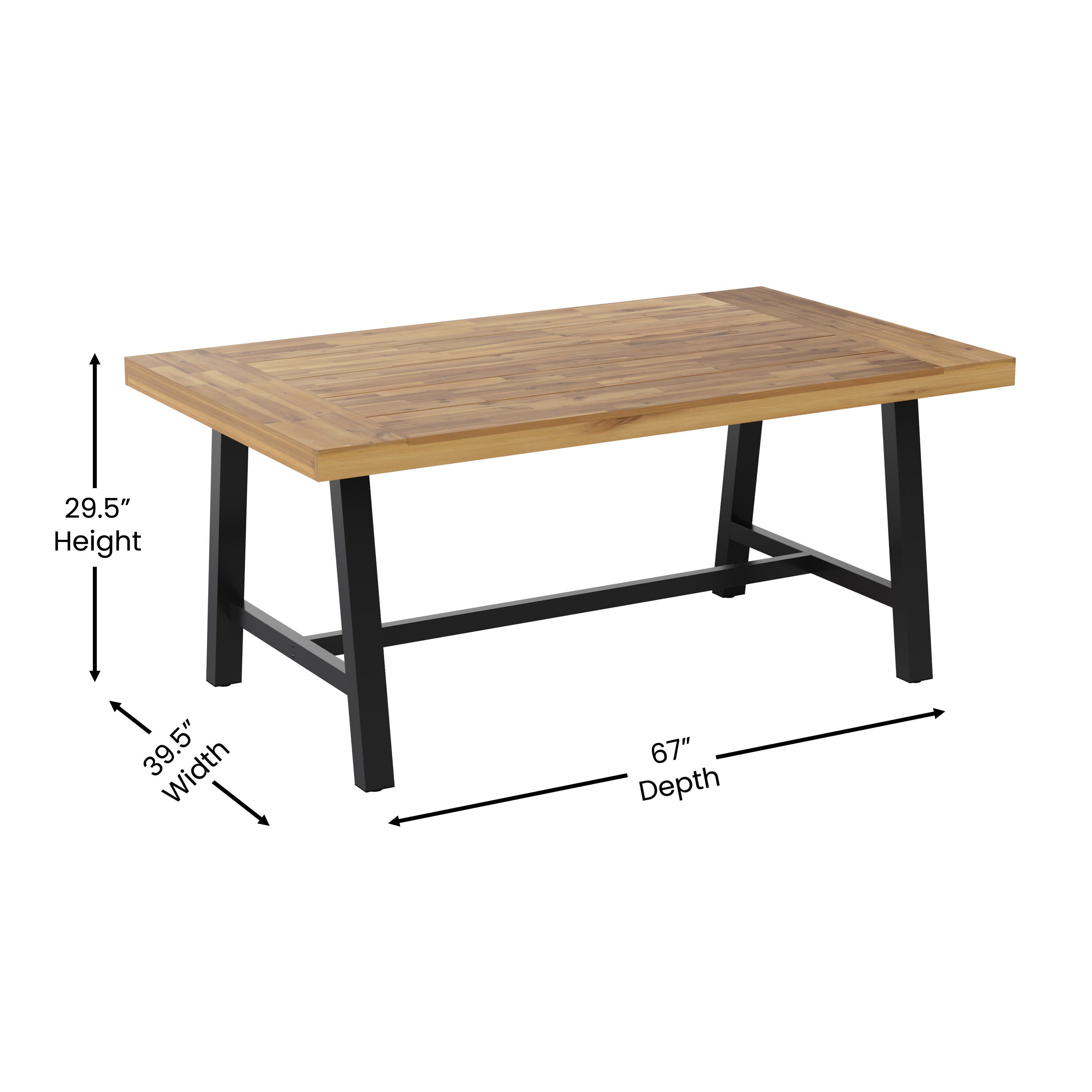 Rafe Commercial Grade Acacia Wood Dining Table with Metal Base, Indoor/Outdoor Rectangle Patio Table with Plank Style Table Top