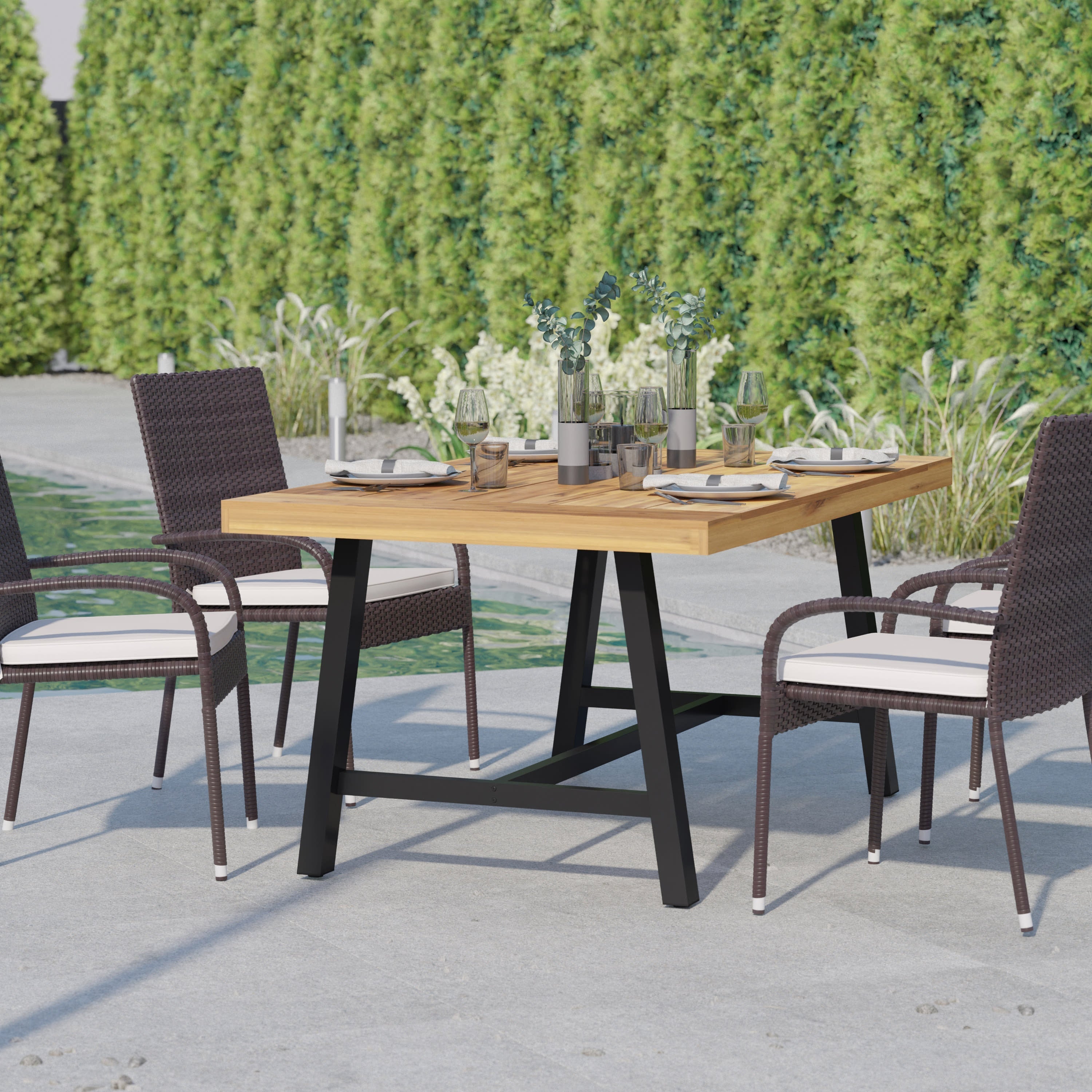 Rafe Commercial Grade Acacia Wood Dining Table with Metal Base, Indoor/Outdoor Rectangle Patio Table with Plank Style Table Top
