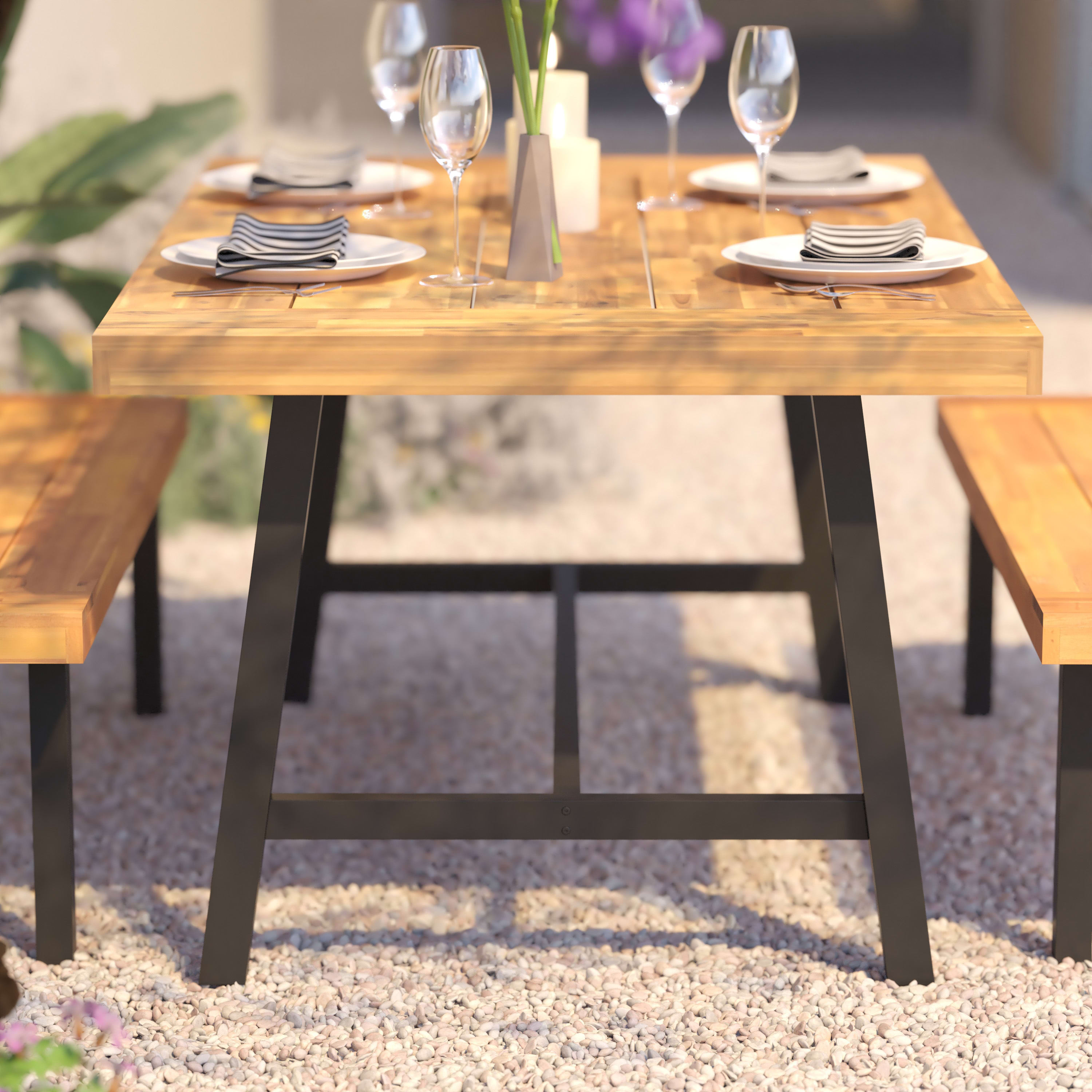 Rafe Commercial Grade Acacia Wood Dining Table with Metal Base, Indoor/Outdoor Rectangle Patio Table with Plank Style Table Top