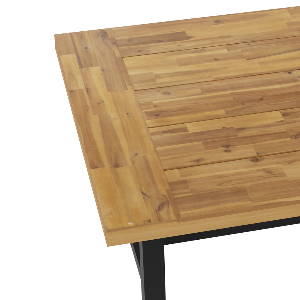 Rafe Commercial Grade Acacia Wood Dining Table with Metal Base, Indoor/Outdoor Rectangle Patio Table with Plank Style Table Top